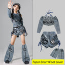 Girls Street Dance K-pop Denim Crop Top Cargo Jeans Pants Kids Hip Hop Jazz Shorts Clothes Children Streetwear Stage Costume