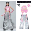 Girls K-pop Shiny Crop Top Cargo Pants Shorts Kids Hip Hop Jazz Street Dance Clothes Set Children Streetwear Girl Group Costume