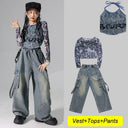 Girls Street Dance K-pop Denim Crop Top Cargo Jeans Pants Kids Hip Hop Jazz Shorts Clothes Children Streetwear Stage Costume
