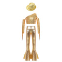 Kids Girls Jazz Dance Outfits Hip Hop Performance Costume Shiny Sequin Tassels Crop Top with Bell-bottom Metallic Pants And Hat