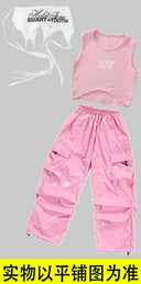 Girls K-pop Pink Crop Top Cargo Pants Children Streetwear Girl Group Costume Kids Hip Hop Street Dance Jazz Teens Clothes Sets