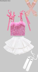 Girls Hip Hop Sweet Crop Top Tiered Skirts Kids K-pop Streetwear Children Jazz Girl Group Costume Teen Street Dance Clothes Sets