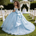 Princess Pageant Dress With Train Sky Blue 2026 Birthday Gown Kids Beaded Lace Flower Girl Dress Customized Wedding Party Frock