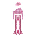 Kids Girls Jazz Dance Outfits Hip Hop Performance Costume Shiny Sequin Tassels Crop Top with Bell-bottom Metallic Pants And Hat