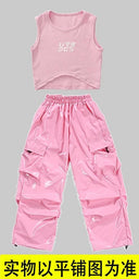 Girls K-pop Pink Crop Top Cargo Pants Children Streetwear Girl Group Costume Kids Hip Hop Street Dance Jazz Teens Clothes Sets