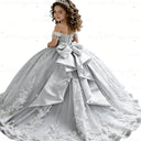 Princess Pageant Dress With Train Sky Blue 2026 Birthday Gown Kids Beaded Lace Flower Girl Dress Customized Wedding Party Frock