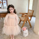 Korean Style Kids Girl Princess Dress Round Collar Party Dresses with Lace Mesh Long Sleeves for Children Clothing E99011