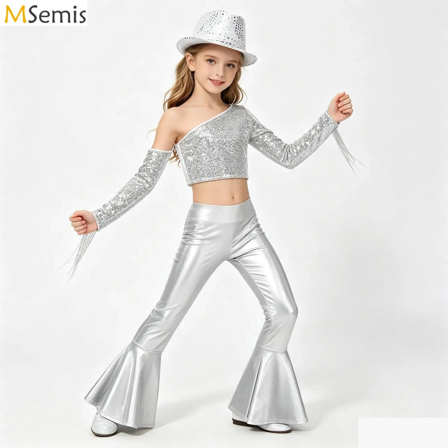 Kids Girls Jazz Dance Outfits Hip Hop Performance Costume Shiny Sequin Tassels Crop Top with Bell-bottom Metallic Pants And Hat