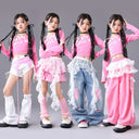 Girls Hip Hop Off Shoulder Crop Top ‌Street Dance Skirts Cargo Pants Children Streetwear Jeans Kids K-pop Girl Group Clothes Se