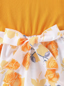 Girl's Floral Print Knitted Skirt Casual Sweet Cute Waist Cinched Knee High Round Neck Dress Summer Fashion Children's Clothing