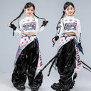 Kid Kpop Hip Hop Clothing White Print Long Sleeve Crop T Shirt Top Black Faux Leather Cargo Pants for Girl Dance Costume Clothes