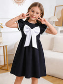 Little Girls' Princess Dress with Big Black Bow, Summer Puff Sleeve Dress
