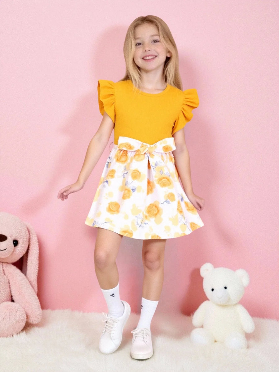 Girl's Floral Print Knitted Skirt Casual Sweet Cute Waist Cinched Knee High Round Neck Dress Summer Fashion Children's Clothing