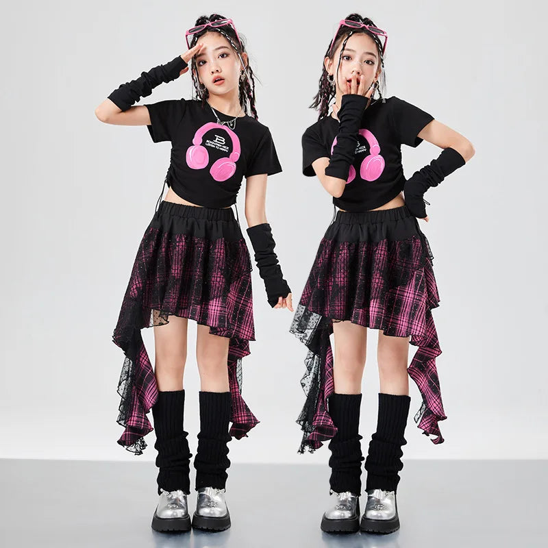 Girls Hip Hop Crop Top Street Dance Gauze K-pop Plaid Skirts Kids Streetwear Children Jazz Cheerleader Costumes Clothes Sets