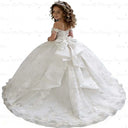 Princess Pageant Dress With Train Sky Blue 2026 Birthday Gown Kids Beaded Lace Flower Girl Dress Customized Wedding Party Frock