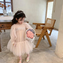 Korean Style Kids Girl Princess Dress Round Collar Party Dresses with Lace Mesh Long Sleeves for Children Clothing E99011