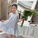Little Girls Blue Floral Halter Dress Summer Sleeveless Ruffle Lace Hem Princess Sundress Kids Elegant Chiffon Wedding Birthday