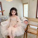 Korean Style Kids Girl Princess Dress Round Collar Party Dresses with Lace Mesh Long Sleeves for Children Clothing E99011