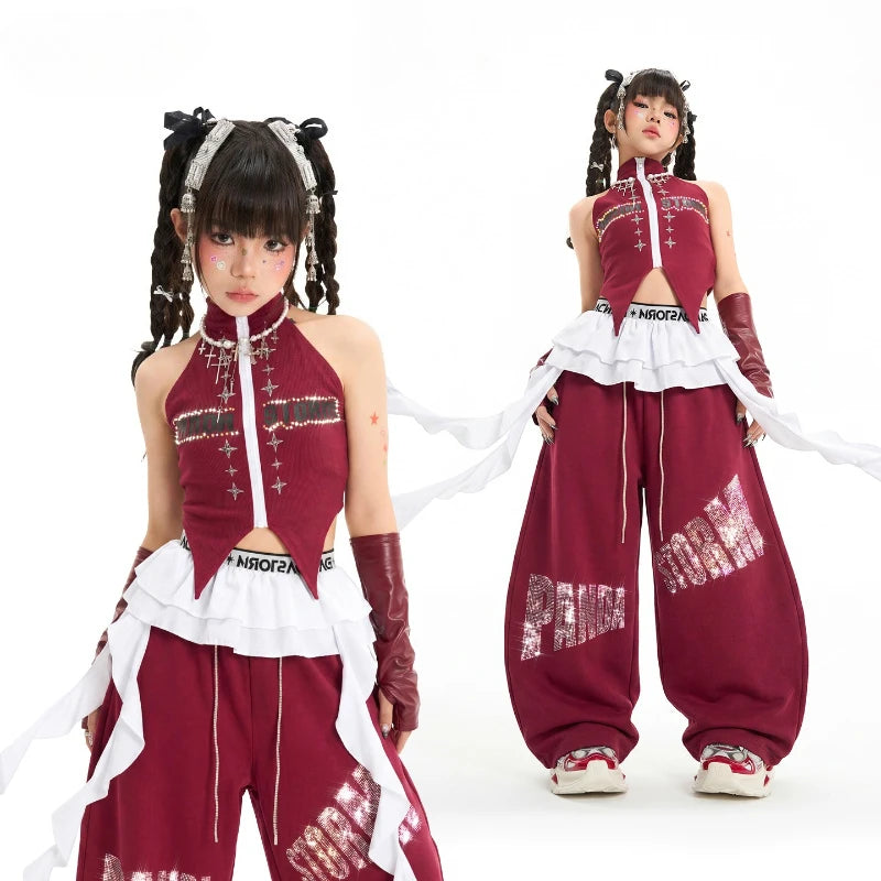 Girls Street Dance Kpop Clothing Crop Tops Baggy Hip Hop Pants Wine Red Set Jazz Dance Clothes Group Stage Performance Costume