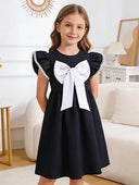 Little Girls' Princess Dress with Big Black Bow, Summer Puff Sleeve Dress