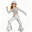 Kids Girls Jazz Dance Outfits Hip Hop Performance Costume Shiny Sequin Tassels Crop Top with Bell-bottom Metallic Pants And Hat