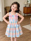 Little Girls' Colorful Plaid Cami Tiered Dress, Sleeveless with Pink Bow Decoration, Multi‑Layer Skirt for Little Girls