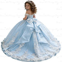 Princess Pageant Dress With Train Sky Blue 2026 Birthday Gown Kids Beaded Lace Flower Girl Dress Customized Wedding Party Frock