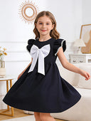 Little Girls' Princess Dress with Big Black Bow, Summer Puff Sleeve Dress