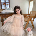 Korean Style Kids Girl Princess Dress Round Collar Party Dresses with Lace Mesh Long Sleeves for Children Clothing E99011