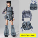 Girls Street Dance K-pop Denim Crop Top Cargo Jeans Pants Kids Hip Hop Jazz Shorts Clothes Children Streetwear Stage Costume