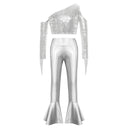 Kids Girls Jazz Dance Outfits Hip Hop Performance Costume Shiny Sequin Tassels Crop Top with Bell-bottom Metallic Pants And Hat