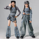 Girls Street Dance K-pop Denim Crop Top Cargo Jeans Pants Kids Hip Hop Jazz Shorts Clothes Children Streetwear Stage Costume