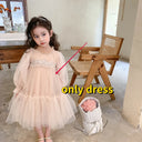Korean Style Kids Girl Princess Dress Round Collar Party Dresses with Lace Mesh Long Sleeves for Children Clothing E99011