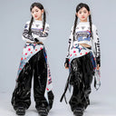 Kid Kpop Hip Hop Clothing White Print Long Sleeve Crop T Shirt Top Black Faux Leather Cargo Pants for Girl Dance Costume Clothes