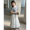 Girls Short Sleeve Top Skirt Set Summer Kids T Shirt Long Tiered Dress Two Piece Outfit New Summer Set Dress Casual Cute Elastic