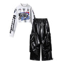 Kid Kpop Hip Hop Clothing White Print Long Sleeve Crop T Shirt Top Black Faux Leather Cargo Pants for Girl Dance Costume Clothes