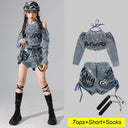 Girls Street Dance K-pop Denim Crop Top Cargo Jeans Pants Kids Hip Hop Jazz Shorts Clothes Children Streetwear Stage Costume