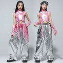 Girls K-pop Shiny Crop Top Cargo Pants Shorts Kids Hip Hop Jazz Street Dance Clothes Set Children Streetwear Girl Group Costume