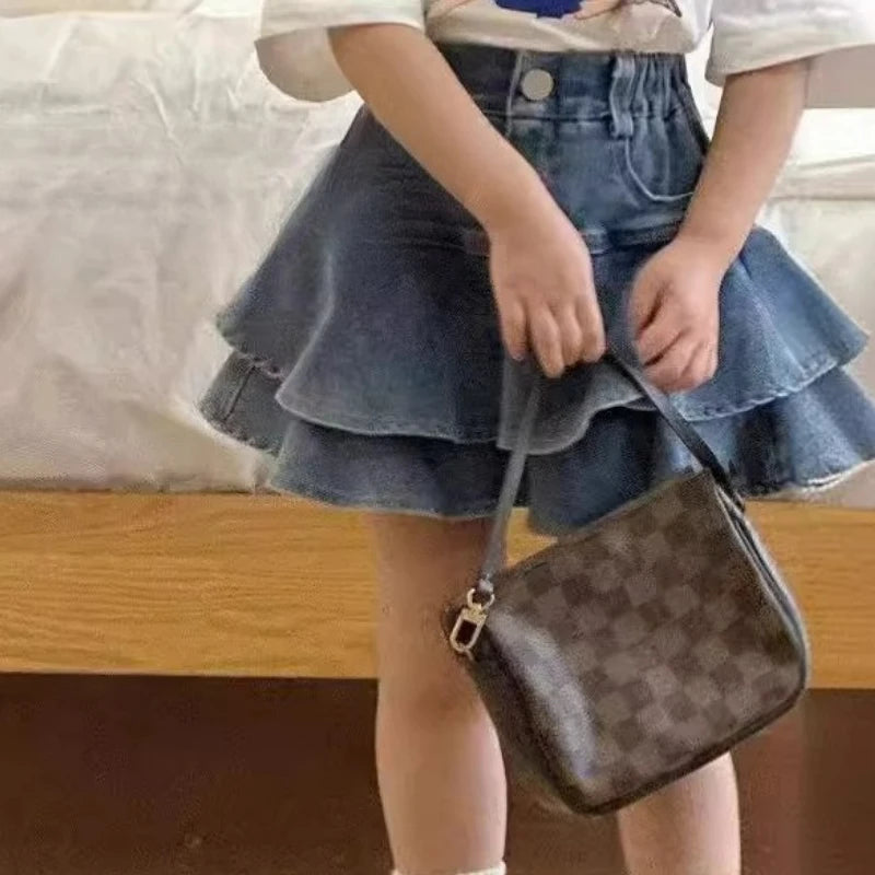 2025 Summer Girls Denim Skirt Shorts Two-Layer Versatile Japanese Korean Style Skirt for 3-8Y KidsFashionable Semi-Skirt