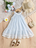 Little Girls Blue Floral Halter Dress Summer Sleeveless Ruffle Lace Hem Princess Sundress Kids Elegant Chiffon Wedding Birthday