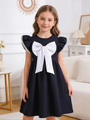Little Girls' Princess Dress with Big Black Bow, Summer Puff Sleeve Dress