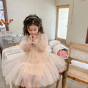 Korean Style Kids Girl Princess Dress Round Collar Party Dresses with Lace Mesh Long Sleeves for Children Clothing E99011