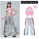 Girls K-pop Shiny Crop Top Cargo Pants Shorts Kids Hip Hop Jazz Street Dance Clothes Set Children Streetwear Girl Group Costume