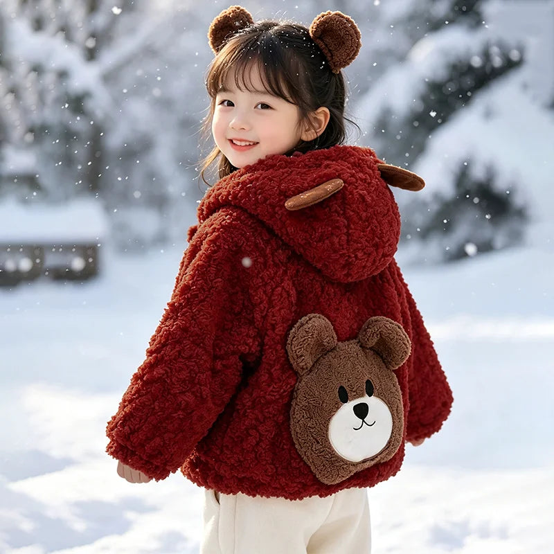 2-8 Years Kids Cute Cartoon Bear Hooded Jacket Autumn Winter Lamb Fleece Thickened Warm Coat Casual Zipper Outerwear for Girls