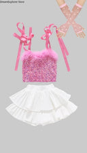 Girls Hip Hop Sweet Crop Top Tiered Skirts Kids K-pop Streetwear Children Jazz Girl Group Costume Teen Street Dance Clothes Sets
