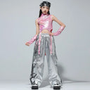 Girls K-pop Shiny Crop Top Cargo Pants Shorts Kids Hip Hop Jazz Street Dance Clothes Set Children Streetwear Girl Group Costume