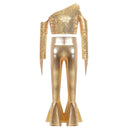 Kids Girls Jazz Dance Outfits Hip Hop Performance Costume Shiny Sequin Tassels Crop Top with Bell-bottom Metallic Pants And Hat