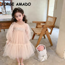 Korean Style Kids Girl Princess Dress Round Collar Party Dresses with Lace Mesh Long Sleeves for Children Clothing E99011