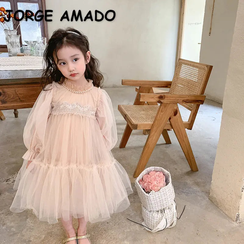 Korean Style Kids Girl Princess Dress Round Collar Party Dresses with Lace Mesh Long Sleeves for Children Clothing E99011