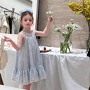 Little Girls Blue Floral Halter Dress Summer Sleeveless Ruffle Lace Hem Princess Sundress Kids Elegant Chiffon Wedding Birthday